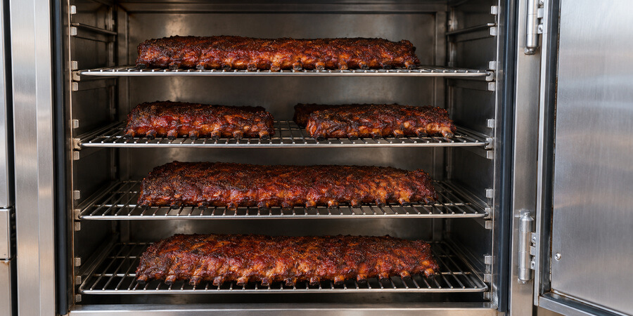 Cooked pork ribs spaced across four shelves inside a commercial smoker.
