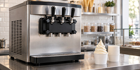 Commercial countertop soft serve machine beside a cup of vanilla soft serve and stacked serving cups.