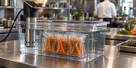 Immersion circulator heating a clear water bath with sealed bags of carrots held in a stainless steel rack.