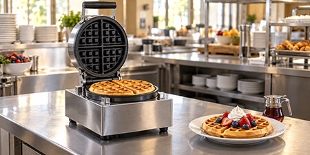 Open commercial waffle maker beside a plated Belgian waffle topped with berries and whipped cream.