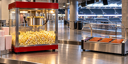 Popcorn machine and hot dog roller grill at a stadium concession stand.