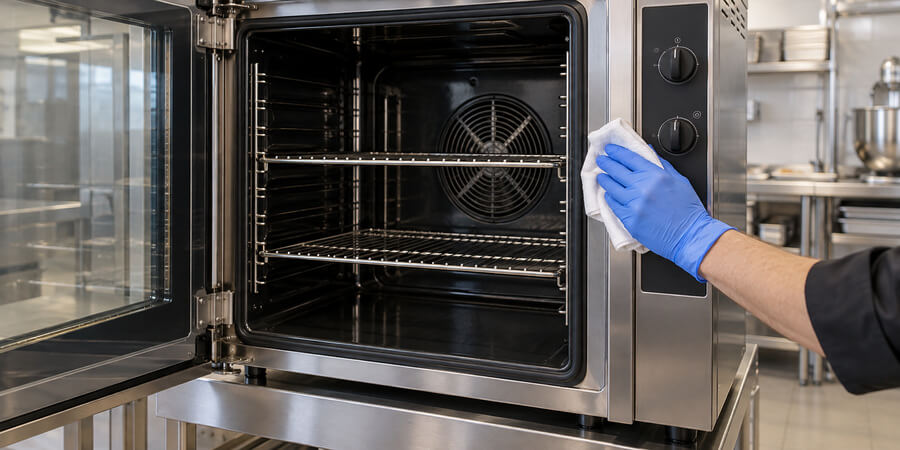 Worker wearing a glove wipes the stainless steel door frame beside a commercial convection oven’s gasket.