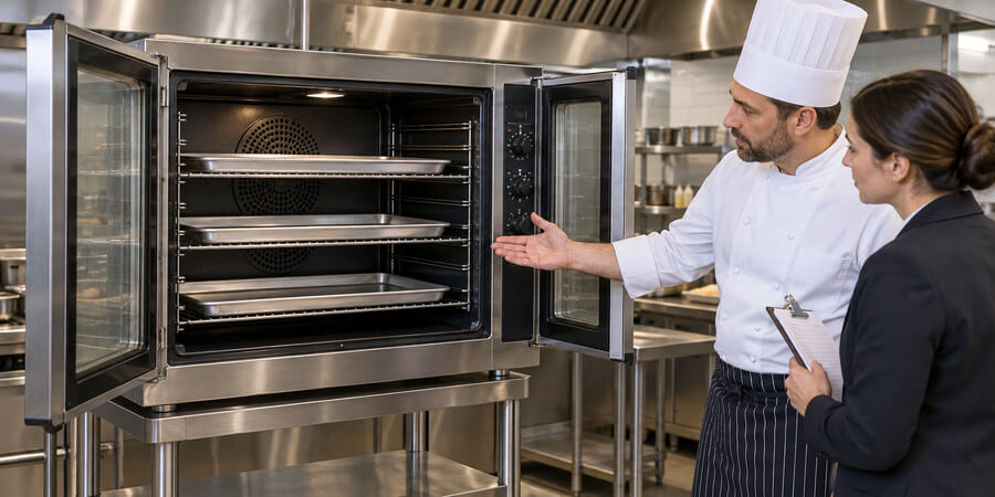 Chef and restaurant manager reviewing sheet-pan capacity and rack spacing inside a commercial convection oven.