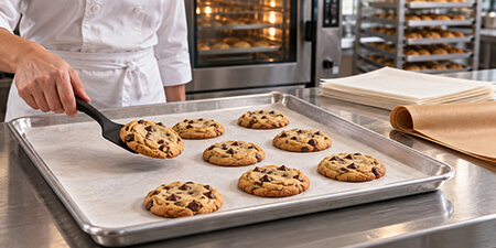 Baker lifting a chocolate chip cookie from a parchment-lined sheet pan in a commercial bakery.