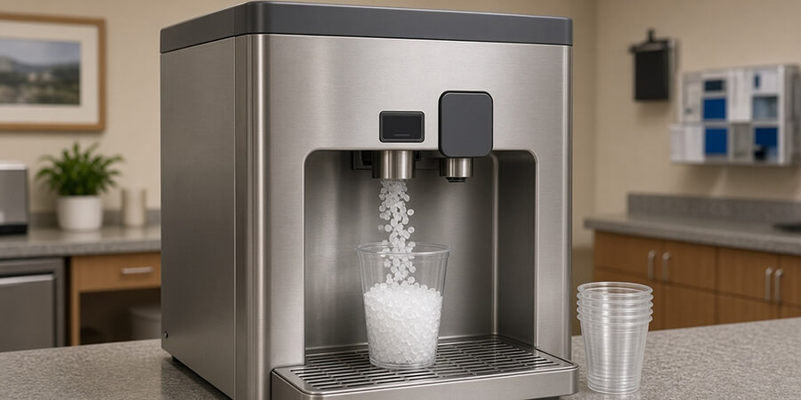 Opaque stainless countertop nugget ice and water dispenser filling a cup.