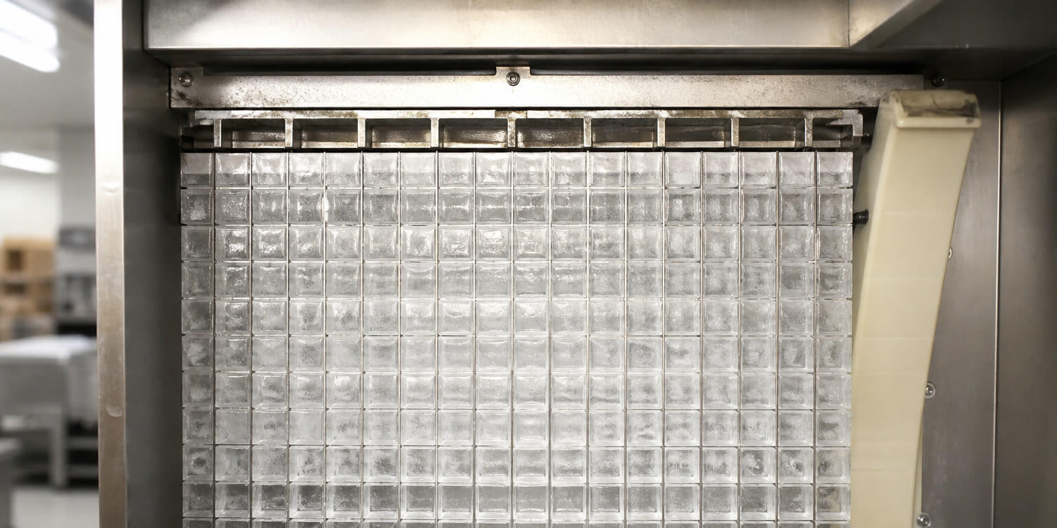 Cube ice sheet stuck to a commercial ice machine evaporator after a failed harvest