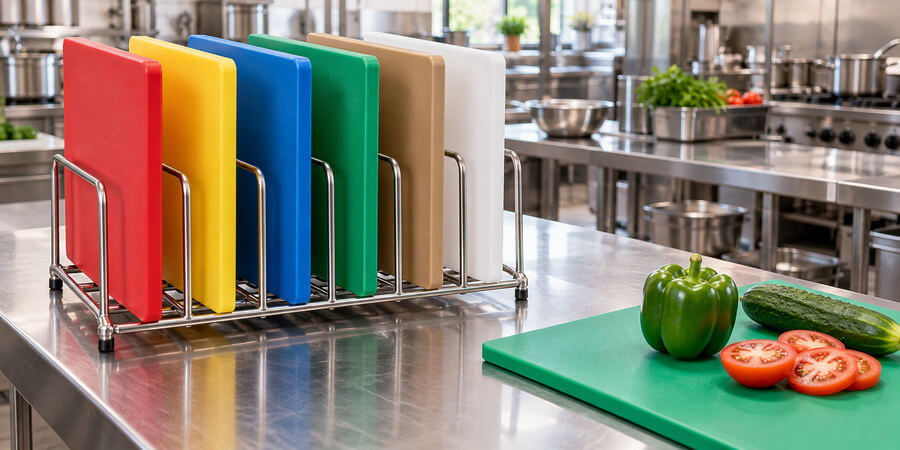 Red, yellow, blue, green, tan and white cutting boards in a stainless steel rack, with produce on a green board