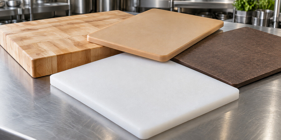 Maple butcher block, white plastic, tan rubber and dark composite cutting boards on a steel counter