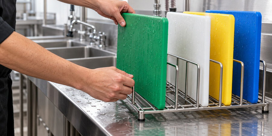 Washed green, white, yellow and blue cutting boards set upright in a drying rack beside a three-compartment sink