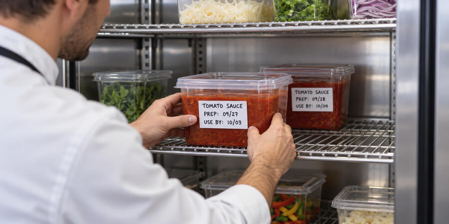 Cook placing a dated container of tomato sauce on a walk-in cooler shelf