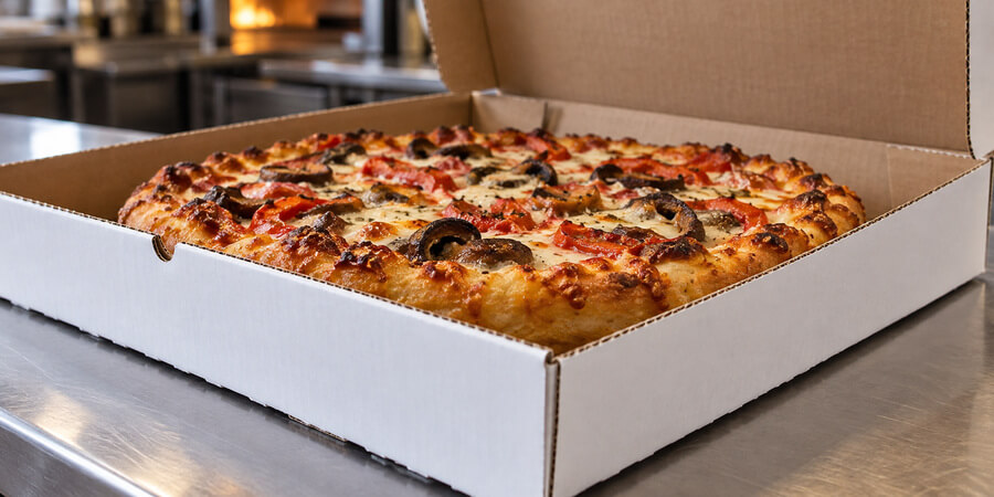 Close-up of a thick-crust pizza inside a deep white pizza box, showing its tall sidewalls and space above the toppings.