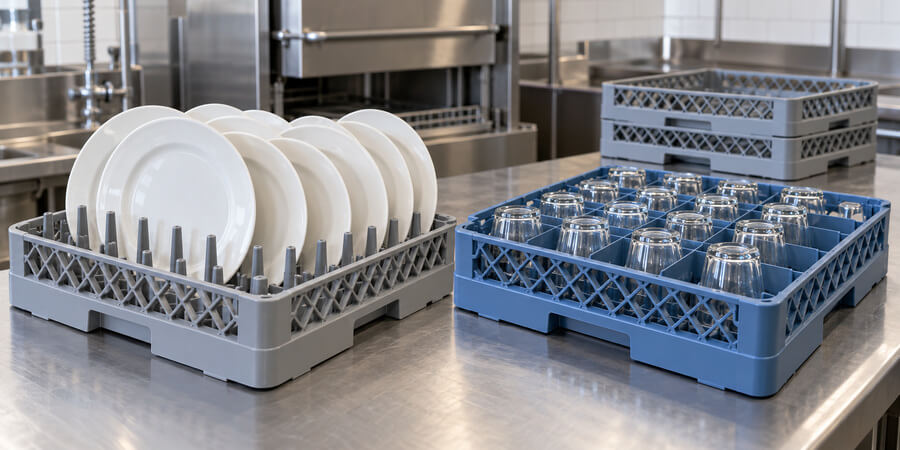 Gray peg rack of white dinner plates beside a blue compartment rack of upside-down glasses on a steel counter