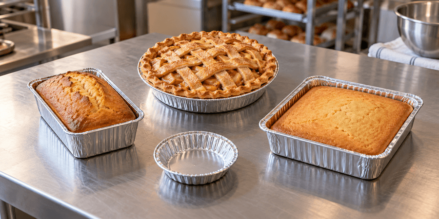 Loaf cake, lattice pie and square cake in aluminum foil pans beside an empty tart pan