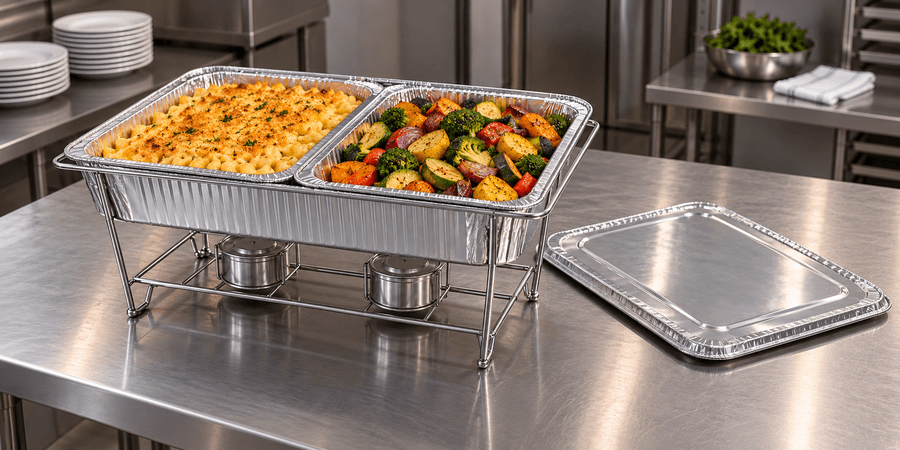 Two half-size foil food pans in a wire chafing stand above a full-size water pan, with fuel cans and a foil lid