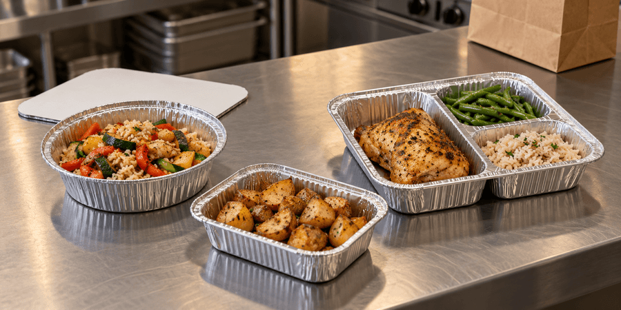 Round and oblong foil containers beside a three-compartment tray with chicken, rice and green beans
