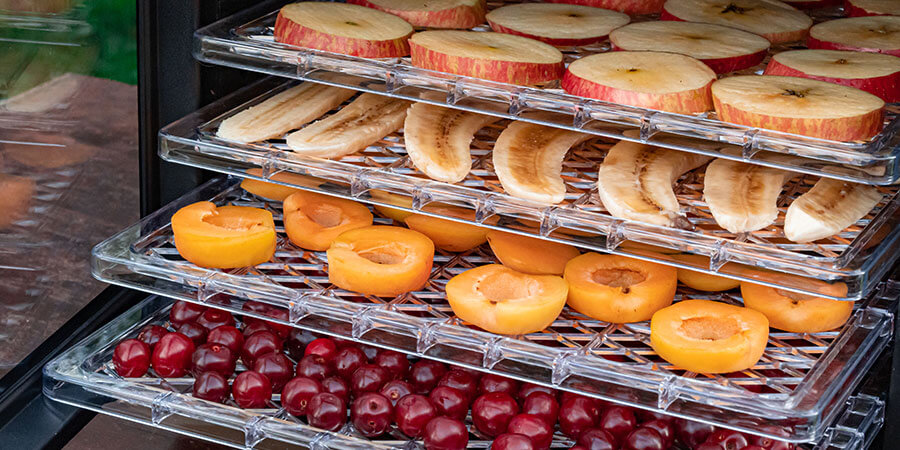 Food sits on trays ready to be dehydrated in air fryer/dehydrator