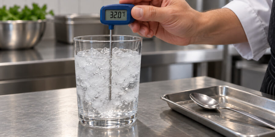 Digital thermometer stem held in a glass of ice water reading 32 degrees on a stainless prep counter
