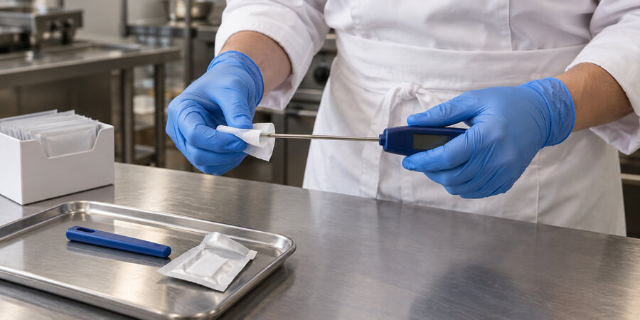 Cook in blue gloves wiping a thermometer probe with an alcohol probe wipe next to a box of wipes