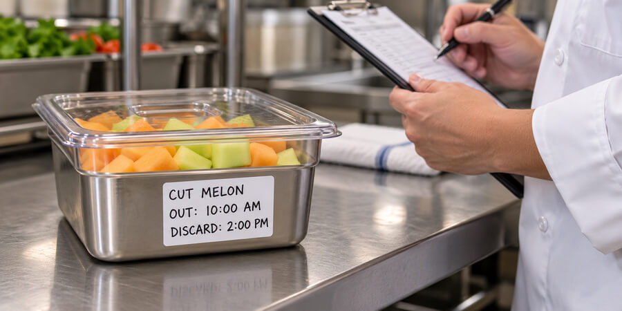 Pan of cut melon labeled with the time it came out and a four-hour discard time