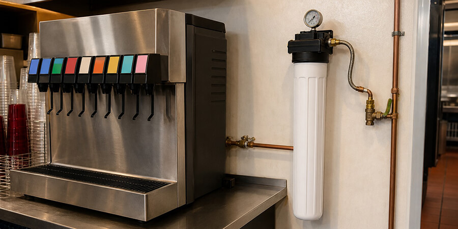 Soda fountain tower with a dedicated wall-mounted water filter and copper supply.