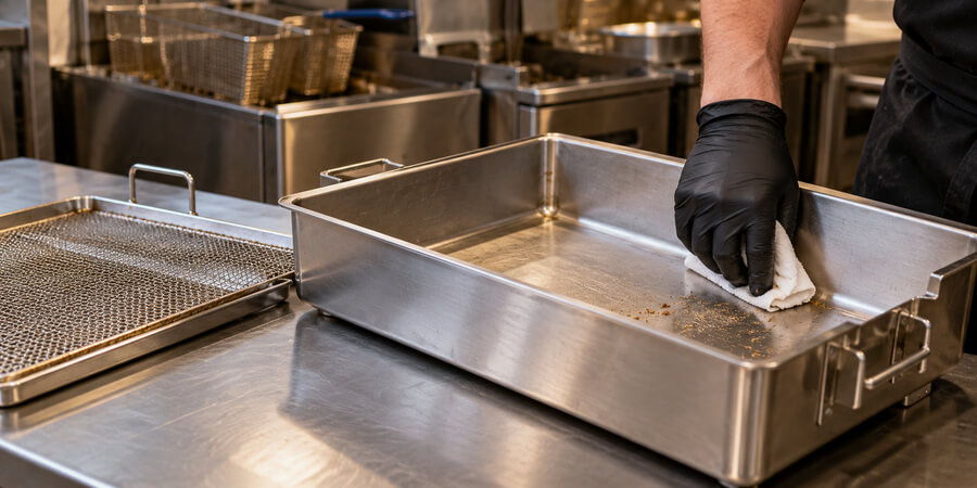 Worker wipes crumbs from an empty fryer oil filter pan with its removed mesh screen beside it.