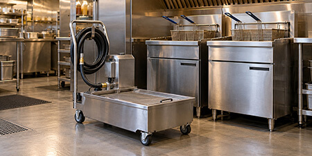 Portable fryer oil filtration machine parked beside commercial deep fryers in a restaurant kitchen.