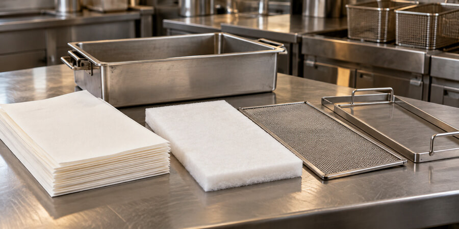 Fryer oil filter paper, a thick filter pad, and a metal mesh screen arranged on a stainless steel counter.