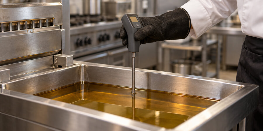 Worker wearing a protective glove checks cooking oil with a handheld digital tester in a commercial fryer.