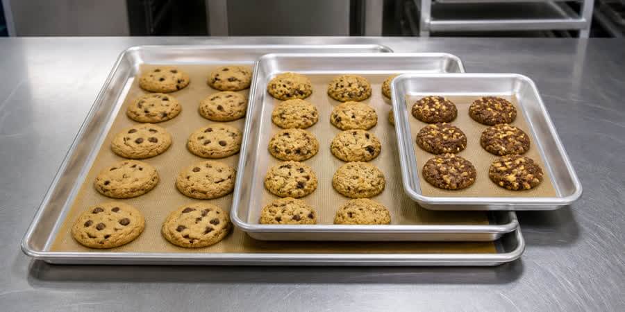 Full, half, and quarter sheet pans stacked on a prep table