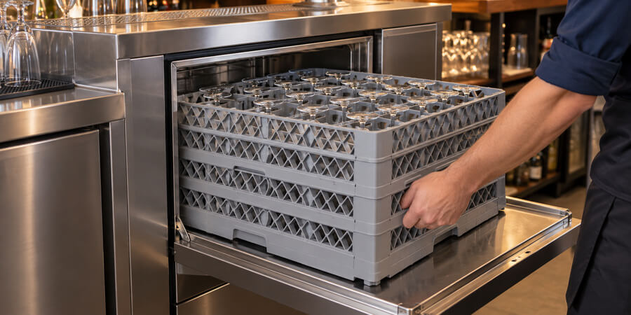 Worker sliding a tall glass rack with stacked extenders into an undercounter glasswasher at a bar