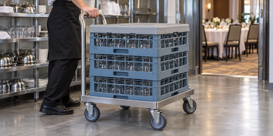 Server pushing a dolly stacked with covered racks of clean glasses through a back-of-house hallway