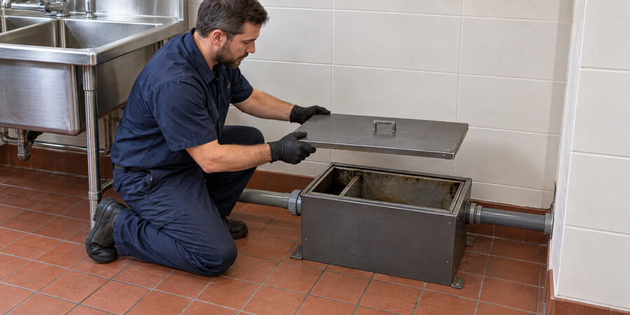 Worker lifting the cover off a floor grease trap next to a dish sink