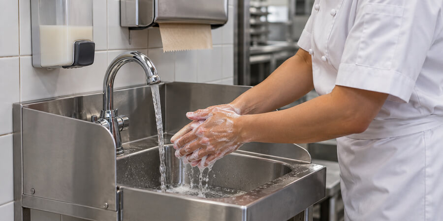 Cook washing hands with soap at a stainless hand sink before gloving