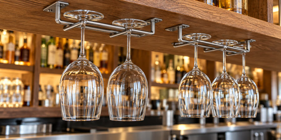 Wine glasses hanging upside down by the foot from a stemware rack above a back bar