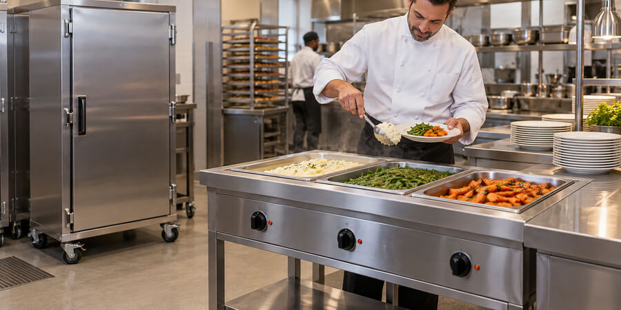 Chef plating hot food from a three-well steam table beside a heated holding cabinet.