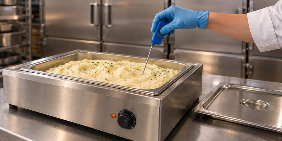Worker using a probe thermometer to check mashed potatoes in a countertop food warmer.