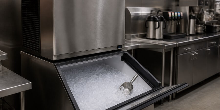 Commercial ice machine with the bin open in a restaurant kitchen
