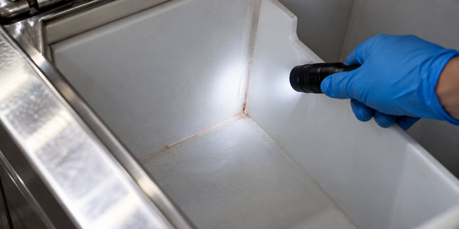 Gloved hand using a flashlight to inspect pink buildup along the seams of an empty ice bin.