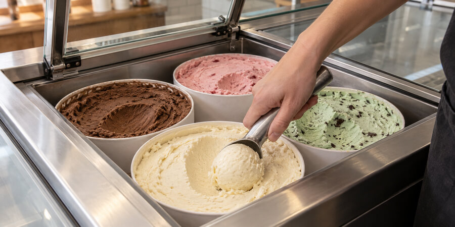 Server scooping vanilla from a four tub flip-top dipping cabinet at serving temperature