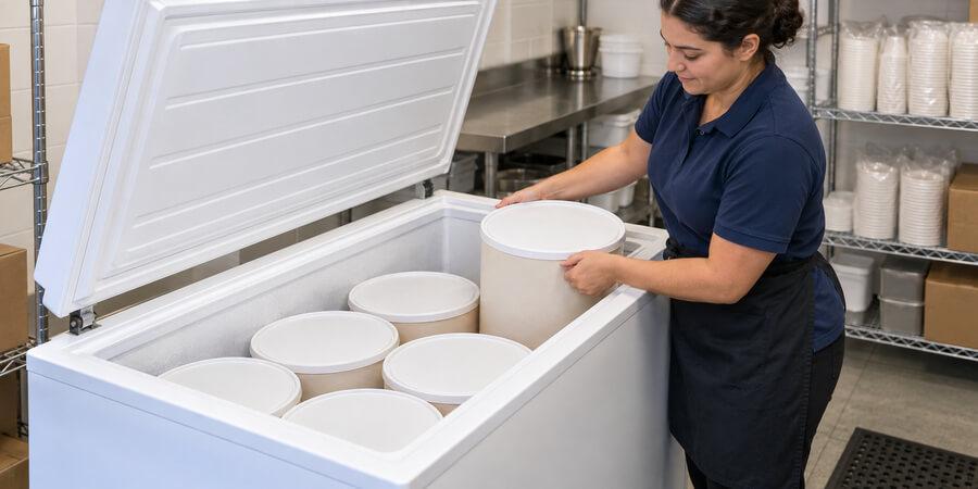 Employee placing a three gallon tub into a chest freezer used for reserve ice cream storage