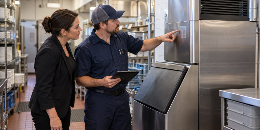 Technician and restaurant manager reviewing the data plate on a commercial ice machine.