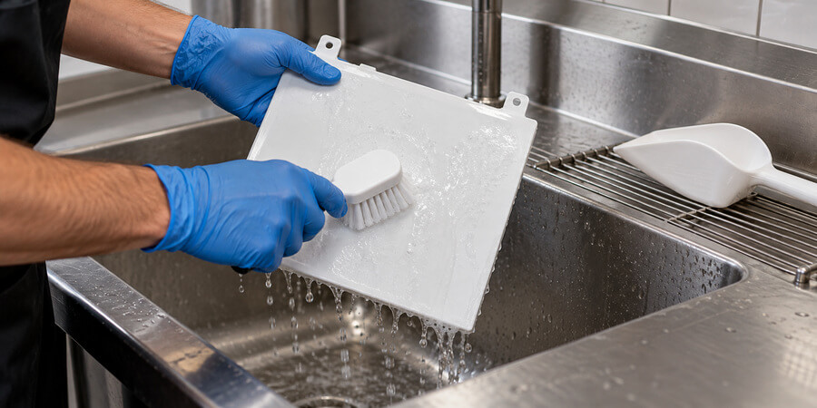 Worker wearing gloves scrubs a removable ice machine baffle over a stainless steel sink.