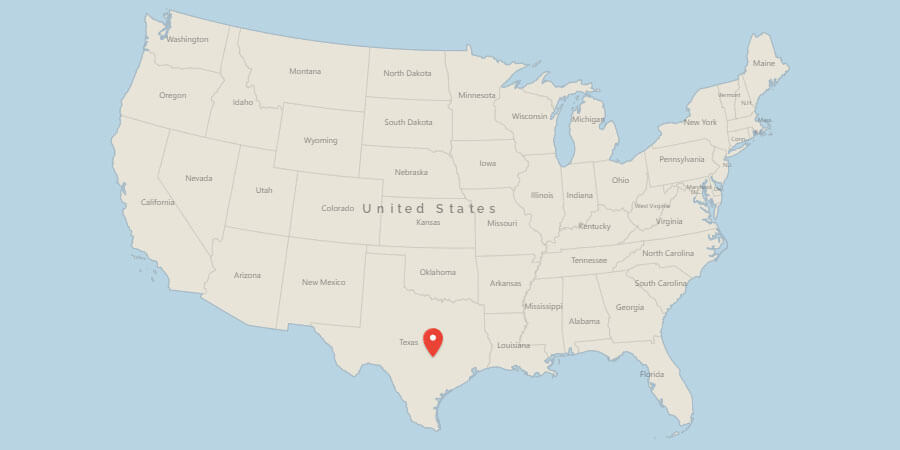 Map of USA with pin on Austin, TX