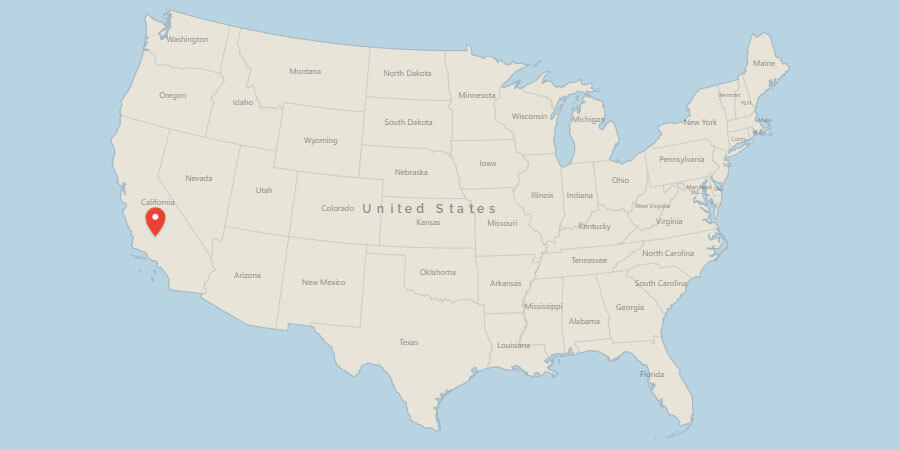 Map of USA with pin on Bakersfield, CA
