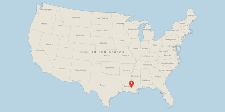 Map of USA with pin on Baton Rouge, LA