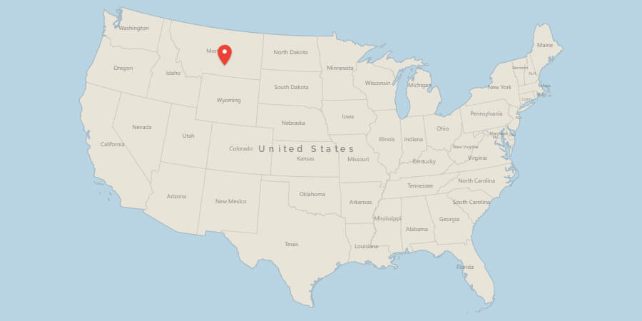 Map of USA with pin on Billings, MT