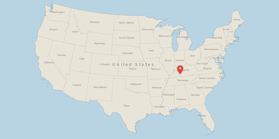 Map of USA with pin on Bowling Green, KY