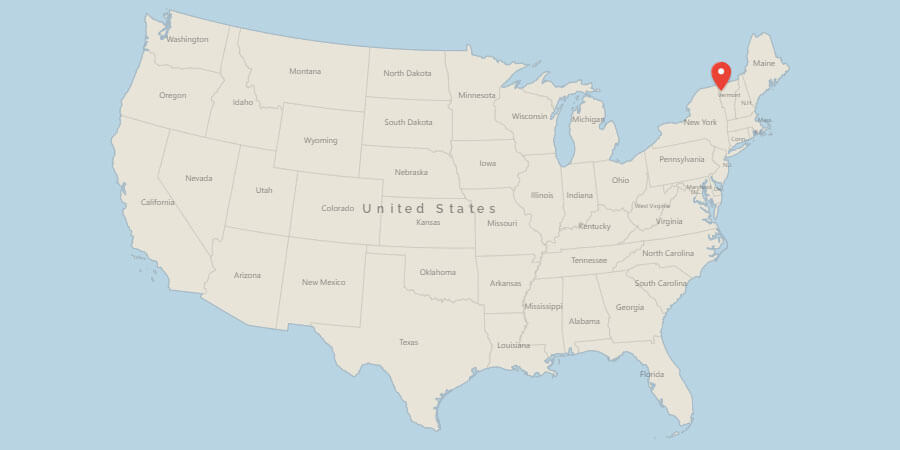 Map of USA with pin on Burlington, VT