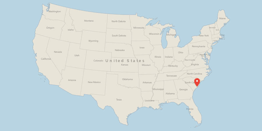 Map of USA with pin on Charleston, SC