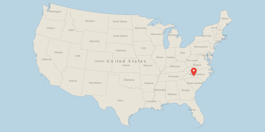 Map of USA with pin on Charlotte, NC